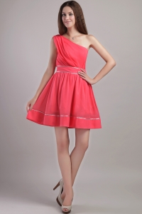 Coral Red A-line One Shoulder Mini-length Chiffon Graduation Homecoming Dresses