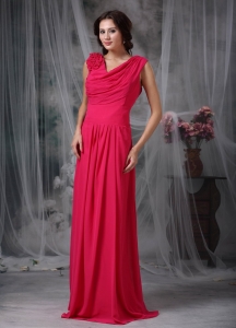 Coral Red Empire V-neck Floor-length Chiffon Hand Made Flower Maxi/Celebrity Dresses