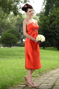 Orange Red A-line Straps Tea-length Taffeta Beading Prom Holiday Dresses