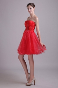 Red A-line Strapless Short Organza Beading Holiday Cocktail Dresses