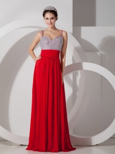 Red Empire Straps Floor-length Chiffon Beading and Ruch Prom Pageant Dress