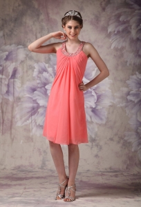 Watermelon Empire Scoop Knee-length Chiffon Beading Prom Graduation Dress