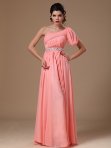 Watermelon One Shoulder Chiffon Graduation Beaded Decorate Waist Customize Prom/Maxi Dresses