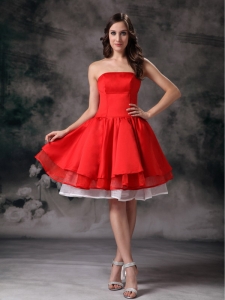 White and Red A-line Strapless Mini-length Organza and Taffeta Graduation Holiday Dress