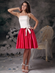 White and Red A-line Straps Mini-length Taffeta Bow Prom Graduation Dress