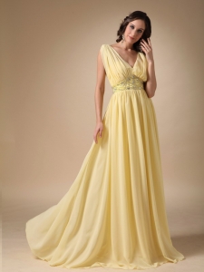 Yellow Empire V-neck Floor-length Chiffon Beading Maxi/Pageant Dresses