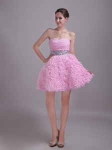 Baby Pink A-Line / Princess Sweetheart Mini-length Chiffon and Lace Rhinestone Holiday Homecoming Dresses