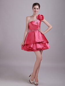 Red A-Line / Princess One Shoulder Mini-length Taffeta Rhinestone Holiday Graduation Dresses