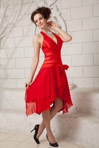 Red Empire Halter Tea-length Chiffon Ruch Prom Holiday Dresses