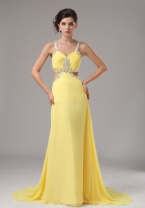 Straps Chiffon Yellow Pageant Evening With Brush Train Beaded Decorate