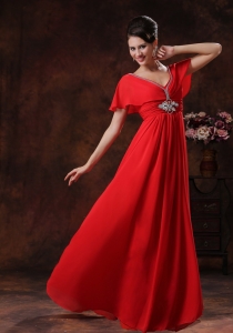 Custom Made Red V-neck Chiffon Maxi/Evening Dresses With Short Sleeves In 2019