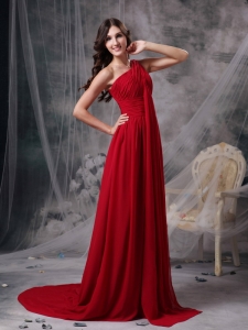 Red Empire One Shoulder Brush Train Chiffon Ruch Maxi/Pageant Dresses