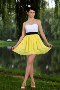 Yellow and White Empire Sweetheart Mini-length Chiffon Sashes Graduation Homecoming Dress