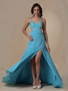 Aqua Blue Empire Spaghetti Straps Brush Train Chiffon Beading Prom Pageant Dress