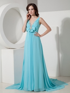 Aqua Empire V-neck Watteau Train Chiffon Beading Maxi/Celebrity Dresses