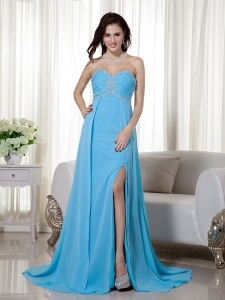 Baby Blue Empire Sweetheart Brush Train Chiffon Beading and Ruch Pageant Evening Dress