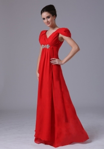 Beading V-neck Empire Chiffon Short Sleeves Red Maxi/Pageant Dresses