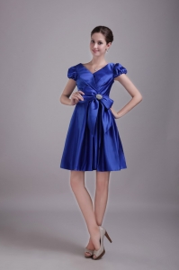 Blue A-Line / Princess V-neck Mini-length Taffeta Beading Graduation Cocktail Dress