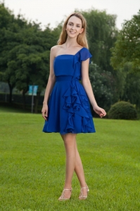 Blue A-line One Shoulder Mini-length Chiffon Graduation Cocktail Dress