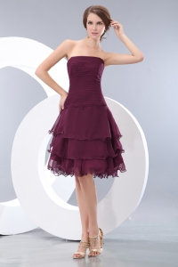 Burgundy A-line / Princess Strapless Mini-length Chiffon Ruch Graduation Homecoming Dress