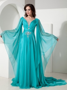 Fashionable Empire V-neck Court Train Chiffon Beading Maxi/Celebrity Dresses