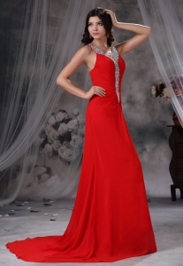 Beaded Decorate Scoop Neckline and Bust Brush Train Red Chiffon Exclusive Style For 2019 Pageant Evening Dress