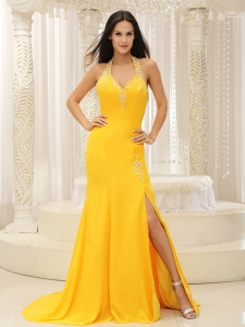 High Slit Halter Top Yellow Brush Train Prom Pageant Dress Chiffon
