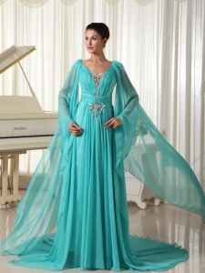Long Sleeves V-neck Turquoise Chiffon Wonderful Maxi/Celebrity Dresses With Appliques and Beading