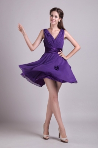 Purple Empire V-neck Mini-length Chiffon Handle Flowers Prom Graduation Dress