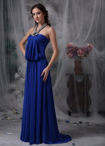 Royal Blue Empire Halter Brush Train Chiffon Beading Maxi/Pageant Dresses