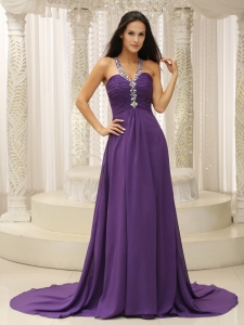 V-neck Beaded Decorate Shoulder Ruched Bodice Prom Pageant Dress