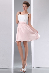 White and Pink A-line Scoop Mini-length Taffeta Prom Graduation Dress