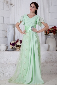 Apple Green Empire V-neck Brush Train Chiffon Beading Prom/Maxi Dresses
