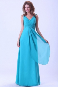 Aqua Blue Prom Dress With V-neck Chiffon Floor-length For Custom Made