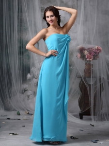 Baby Blue Empire Strapless Floor-length Chiffon Hand Made Made Flowers Maxi/Celebrity Dresses