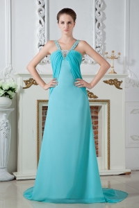 Aqua Blue Empire Straps Brush Train Chiffon Ruch and Beading Prom Dresses