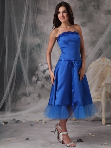 Blue A-Line/Princess Strapless Tea-length Taffeta Sashes/Ribbons Bridesmaid dresses