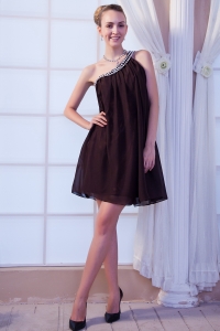 Brown Empire One Shoulder Mini-length Chiffon Beading Prom/Maxi Dresses
