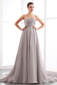 Grey A-line Strapless Court Train Chiffon Beading Prom/Maxi Dresses