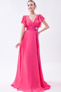 Hot Pink Empire V-neck Brush Train Chiffon Ruch Prom/Maxi Dresses