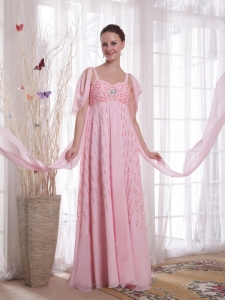 Pink Empire Straps Watteau Train Chifffon Beading and Sequins Maxi/Evening Dresses