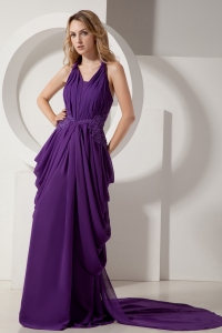 Eggplant Purple Empire Halter Watteau Train Chiffon Beading Prom Dresses