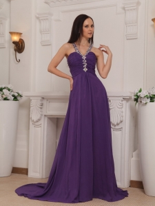 Purple Empire V-neck Brush Train Chiffon Beading and Ruch Prom Pageant Dress