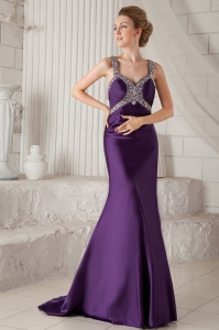 Purple Mermaid Straps Brush Train Elastic Woven Satin Beading Prom Pageant Dress
