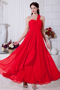 Red Empire One Shoulder Ankle Train Chiffon Ruch Prom/Maxi Dresses