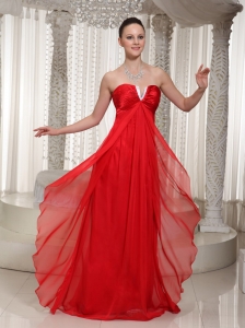 Red V-neck Chiffon Maxi/Evening Dresses With Empire