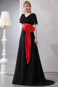 Red and Black Empire V-neck Brush Train Chiffon and Taffeta Bow Prom/Maxi Dresses