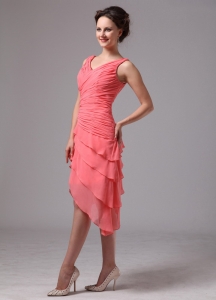 Ruch and Layers V-neck Chiffon Bridesmaid dresses For Custom Made Watermelon Red