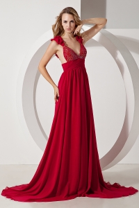Wine Red A-line Straps Brush Train Chiffon Beading Prom/Maxi Dresses