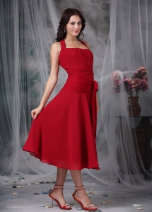Wine Red Column Halter Tea-length Chiffon Ruch Maxi/Celebrity Dresses